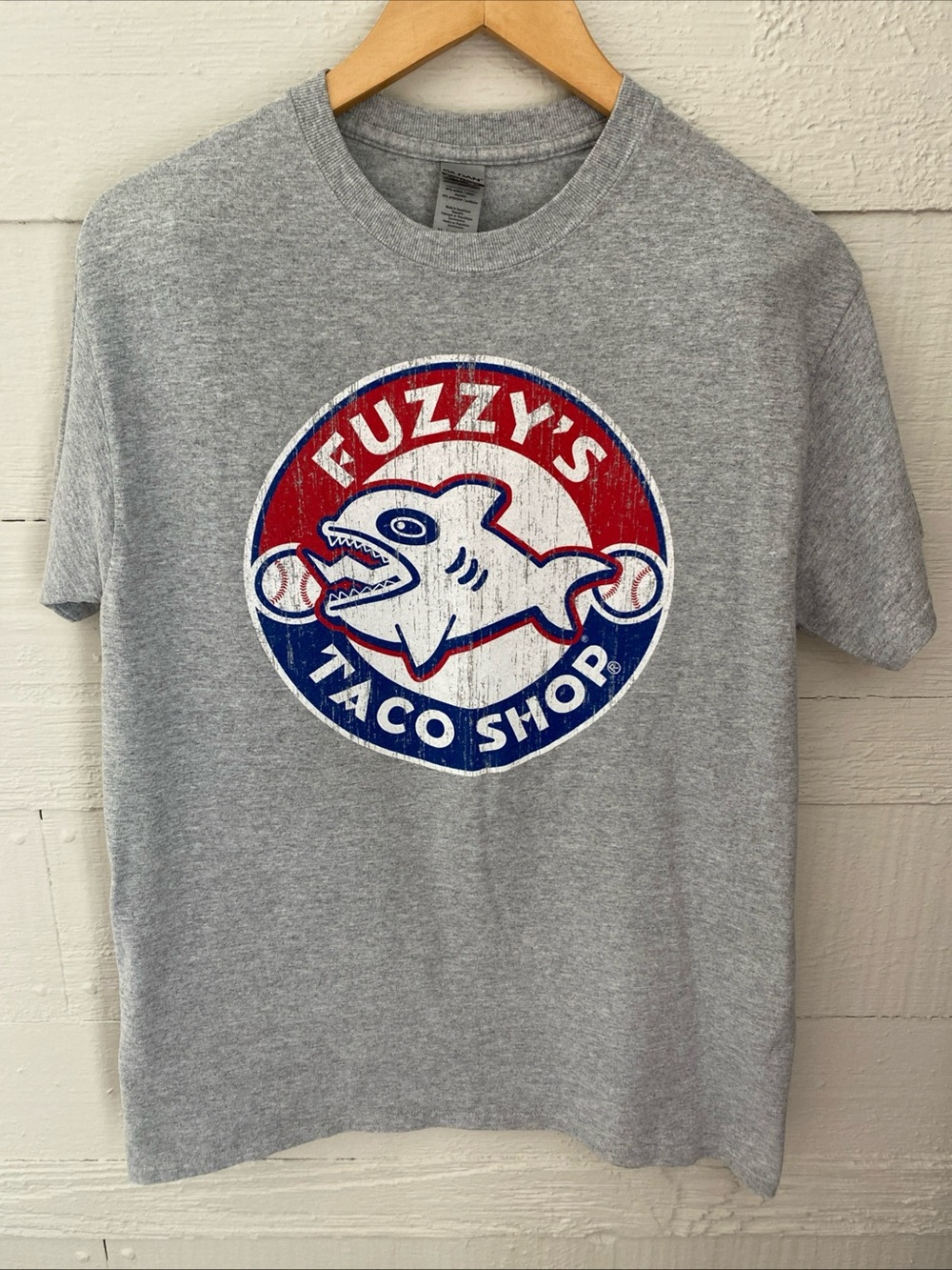 Fuzzy’s Taco Shop Graphic T-shirt Shark Baseballs  Gray Unisex Size Medium
